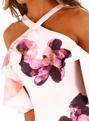 Fashion Slim Floral Printed Short Sleeve Off The Shoulder Dress