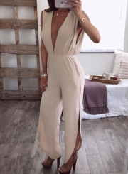 Fashion Irregular Solid Deep V Neck High Waist Slit Jumpsuit With Pockets