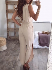 Fashion Irregular Solid Deep V Neck High Waist Slit Jumpsuit With Pockets