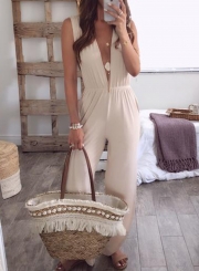 Fashion Irregular Solid Deep V Neck High Waist Slit Jumpsuit With Pockets