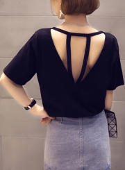 Summer Fashion Sexy Loose Solid Half Sleeve Round Neck Hollow Out Tee