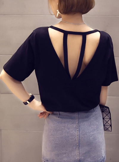 Summer Fashion Sexy Loose Solid Half Sleeve Round Neck Hollow Out Tee