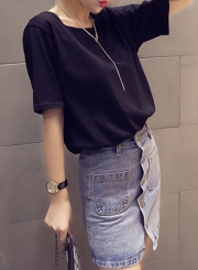 Summer Fashion Sexy Loose Solid Half Sleeve Round Neck Hollow Out Tee