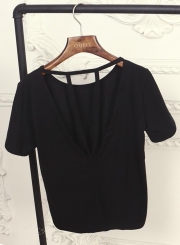 Summer Fashion Sexy Loose Solid Half Sleeve Round Neck Hollow Out Tee