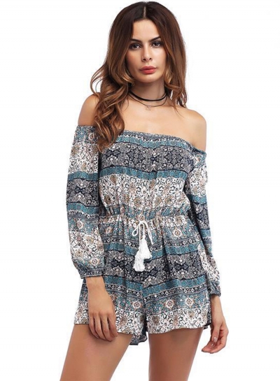 Summer Boho Printed Slash Neck Long Sleeve Wide Leg Romper With Drawstring