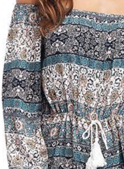 Summer Boho Printed Slash Neck Long Sleeve Wide Leg Romper With Drawstring