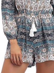 Summer Boho Printed Slash Neck Long Sleeve Wide Leg Romper With Drawstring