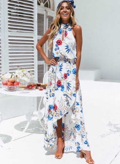 Summer Irregular Floral Printed Halter High Neck Elastic Waist Dress