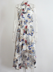 Summer Irregular Floral Printed Halter High Neck Elastic Waist Dress