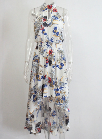 Summer Irregular Floral Printed Halter High Neck Elastic Waist Dress stylesimo.com