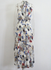 Summer Irregular Floral Printed Halter High Neck Elastic Waist Dress