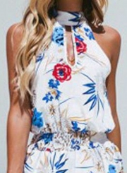 Summer Irregular Floral Printed Halter High Neck Elastic Waist Dress