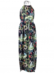 Fashion Boho Floral Printed Halter Backless Waist Tie Slit Maxi Dress