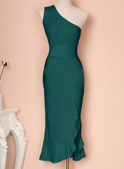 Green Sexy Irregular One Shoulder Ruffle Hem Evening Dress