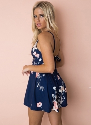 Floral printed Spaghetti Strap Sleeveless Backless V Neck Women Jumpsuits