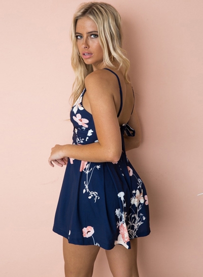 Floral printed Spaghetti Strap Sleeveless Backless V Neck Women Jumpsuits stylesimo.com
