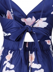 Floral printed Spaghetti Strap Sleeveless Backless V Neck Women Jumpsuits