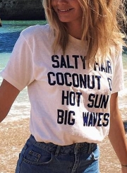 Summer Vocation Loose Printed Short Sleeve Round Neck Tee With Letters