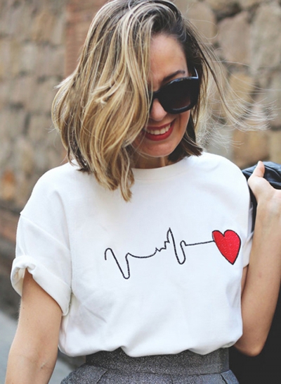 Summer Loose Ripple Lines Heart Printed Short Sleeve Round Neck Tee YOUYOUFASHIONEC.com