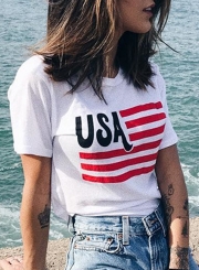 Summer Casual Loose Letters Flag Printed Short Sleeve Round Neck Tee