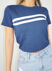 Summer Casual Slim Colorblock Short Sleeve Round Neck Pullover Crop Top