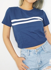 Summer Casual Slim Colorblock Short Sleeve Round Neck Pullover Crop Top