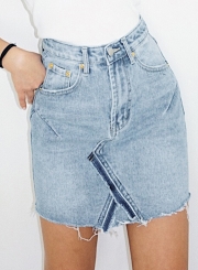 Casual Irregular Retro Wash High Waist Zipper Fly Denim Skirt With Pockets