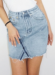 Casual Irregular Retro Wash High Waist Zipper Fly Denim Skirt With Pockets