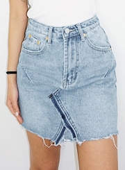 Casual Irregular Retro Wash High Waist Zipper Fly Denim Skirt With Pockets