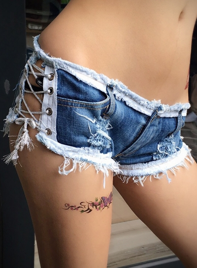 Fashion Sexy Low Waist Zipper Fly Side Lace-Up Denim Burrs Hot Shorts