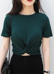 Summer Casual Slim Solid Short Sleeve Round Neck Front Knot Crop Top