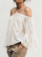 Fashion Loose Solid Strappy Off The Shoulder Flare Sleeve Blouse