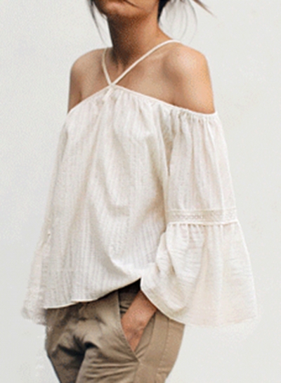 Fashion Loose Solid Strappy Off The Shoulder Flare Sleeve Blouse YOUYOUFASHIONEC.com