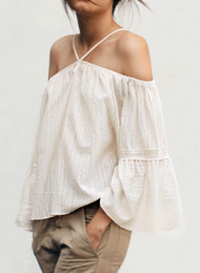 Fashion Loose Solid Strappy Off The Shoulder Flare Sleeve Blouse STYLESIMO.com