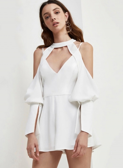 Sexy Solid Off The Shoulder V Neck High Waist Hollow Out Romper