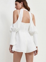 Sexy Solid Off The Shoulder V Neck High Waist Hollow Out Romper