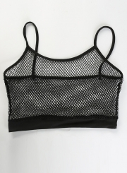 Summer Sexy Slim Transparent Grid Spaghetti Strap Round Neck Crop Top