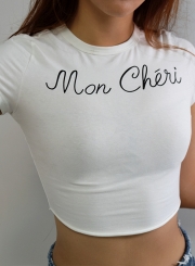 Summer Casual Slim Short Sleeve Round Neck Crop Top With Letters