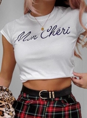 Summer Casual Slim Short Sleeve Round Neck Crop Top With Letters