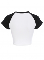 Summer Splicing Colorblock Short Sleeve Round Neck Crop Top With Letters