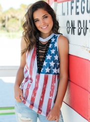 Casual Loose American Flag Pattern Sleeveless V Neck Hollow Out Tee