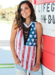 Casual Loose American Flag Pattern Sleeveless V Neck Hollow Out Tee