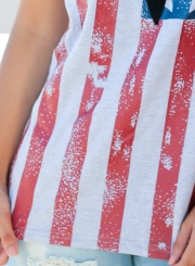 Casual Loose American Flag Pattern Sleeveless V Neck Hollow Out Tee