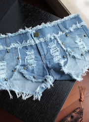 Fashion Sexy Retro Wash Ripped Burrs Rivet Denim Hot Shorts With Pockets