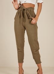 Casual Army Green High Waist Lace-Up Pencil Harem Pants With Pockets