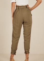 Casual Army Green High Waist Lace-Up Pencil Harem Pants With Pockets