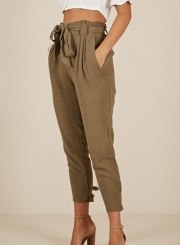 Casual Army Green High Waist Lace-Up Pencil Harem Pants With Pockets