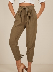 Casual Army Green High Waist Lace-Up Pencil Harem Pants With Pockets