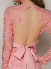 Fashion Long Sleeve V Neck Backless Lace-Up High Waist Lace Bodycon Dress