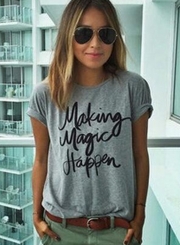 Summer Casual Loose Roll-Up Short Sleeve Round Neck Tee With Letters